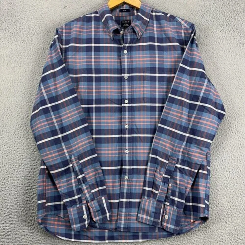 J Crew Flex Oxford Button Down Shirt Men Large Blue Plaid Slim Fit Pocket Casual